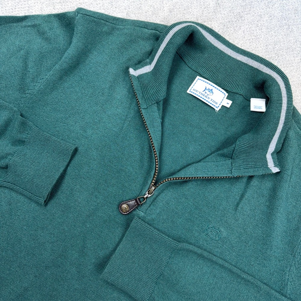 Southern Tide Sweater Men Medium Green Pullover Quarter 1/4 Zip Fish Logo Adult